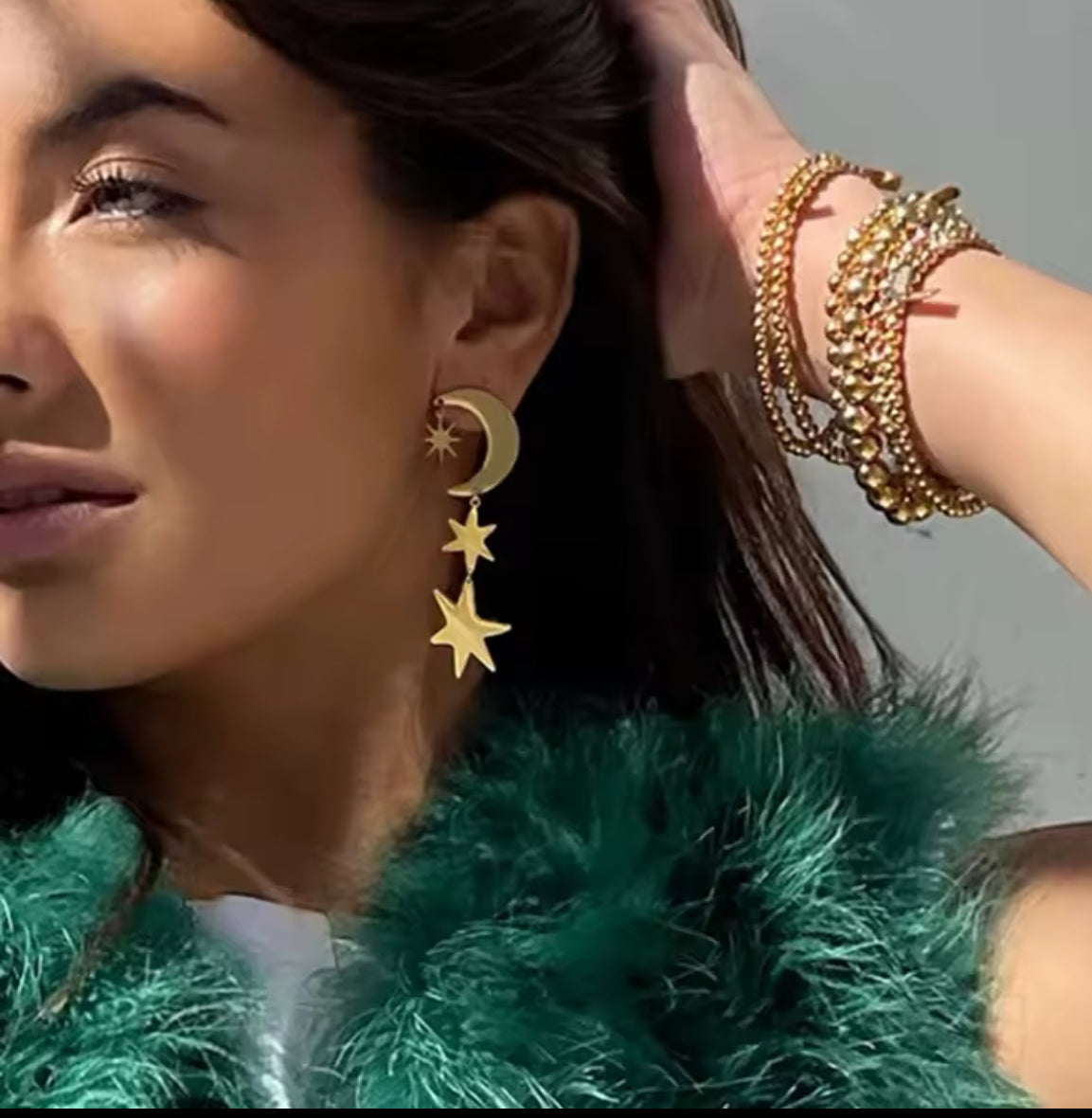 Assymetrical Stars and Moon Gold Earrings