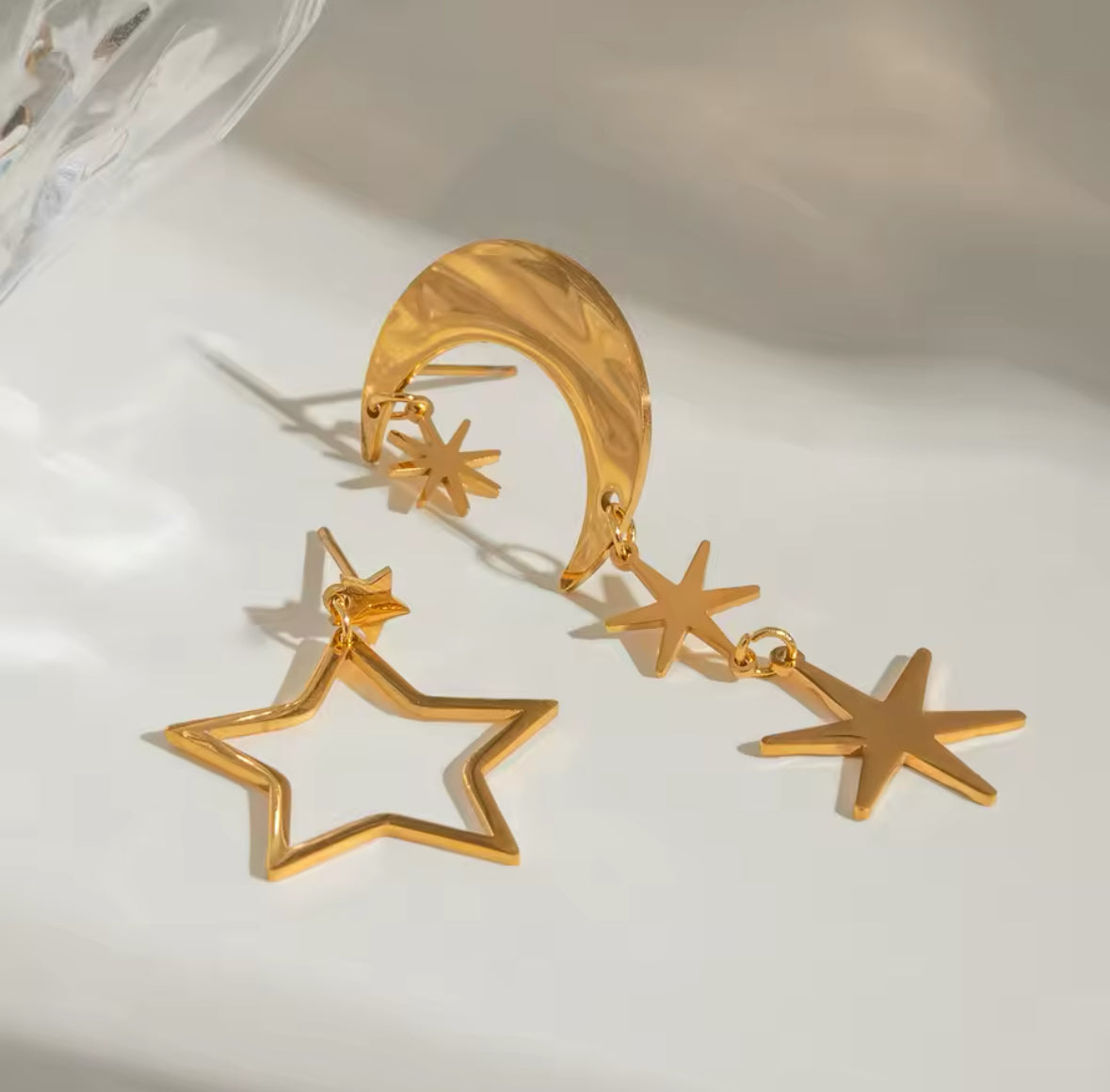 Assymetrical Stars and Moon Gold Earrings