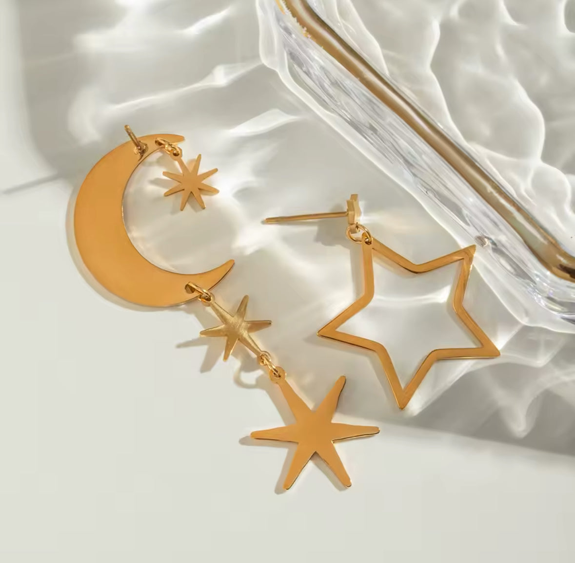 Assymetrical Stars and Moon Gold Earrings