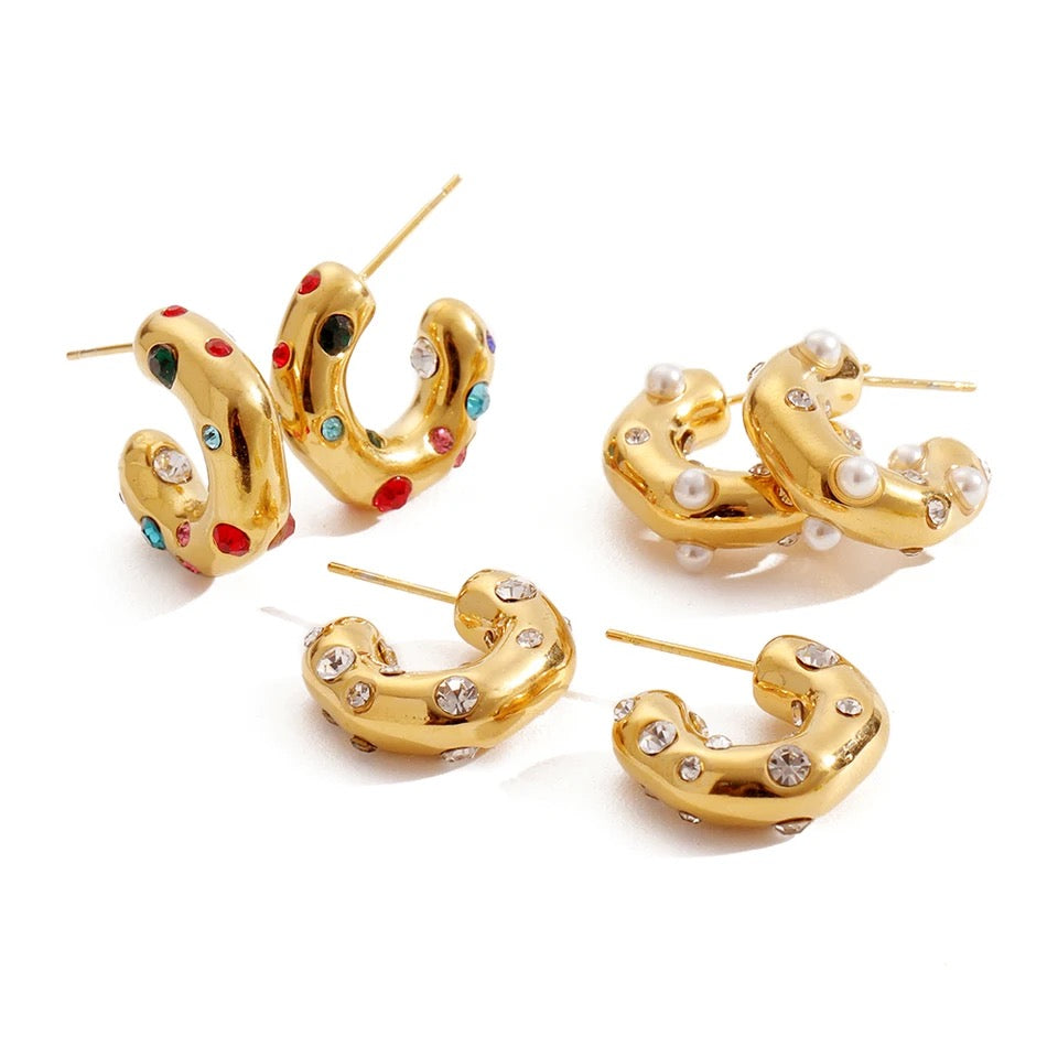 Cubic Zirconia Hammered Gold Earrings