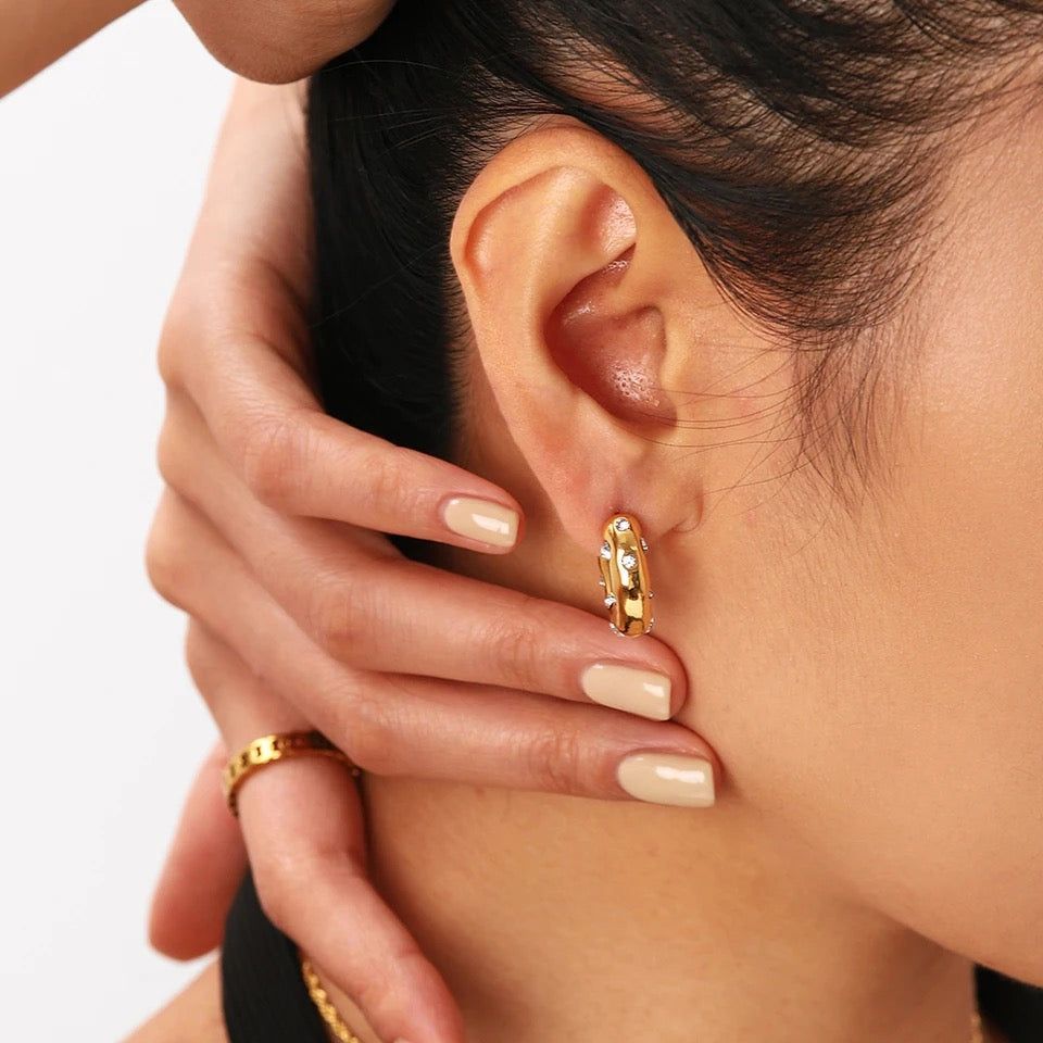 Cubic Zirconia Hammered Gold Earrings