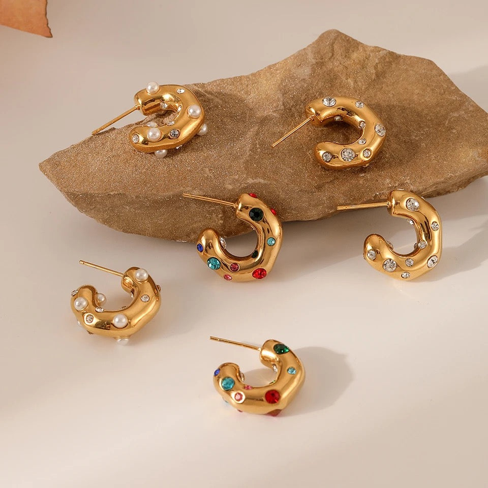 Cubic Zirconia Hammered Gold Earrings
