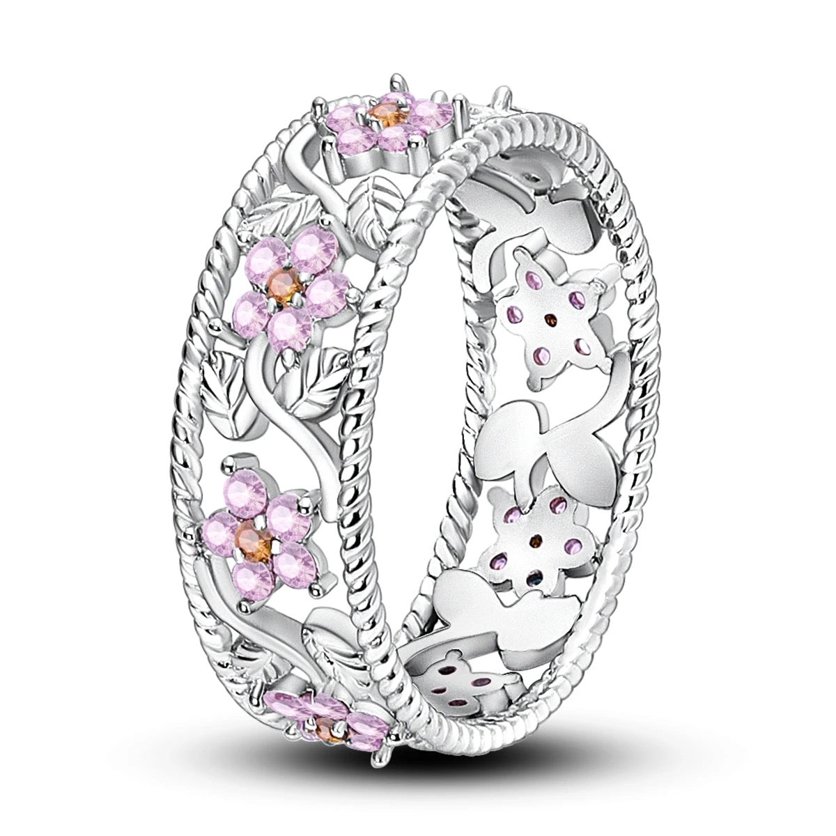 Pink Flower Band Silver Ring