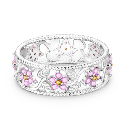 Pink Flower Band Silver Ring