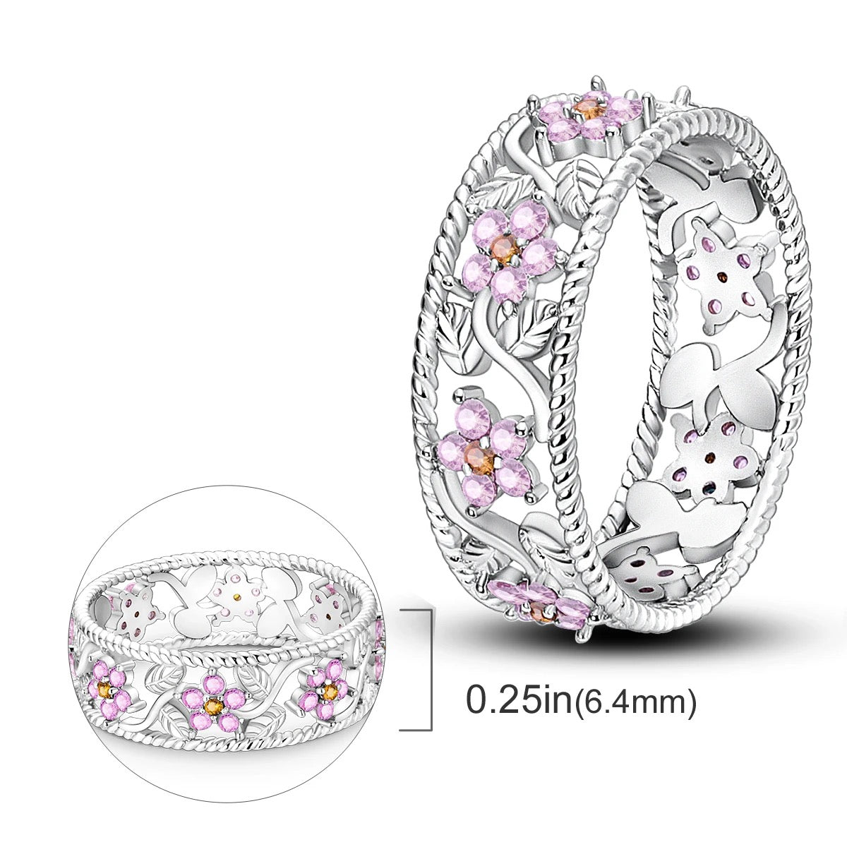 Pink Flower Band Silver Ring