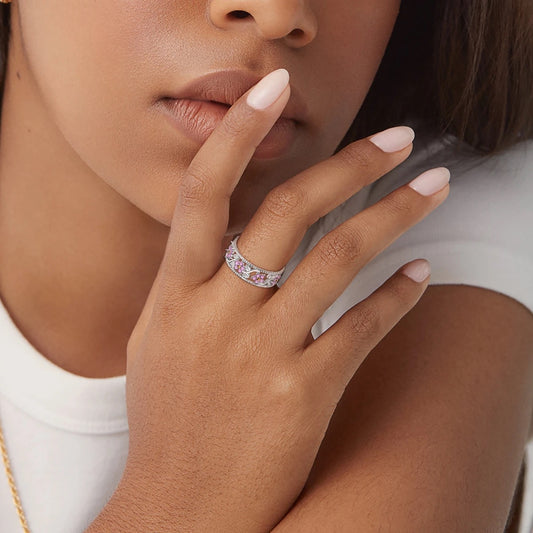 Pink Flower Band Silver Ring