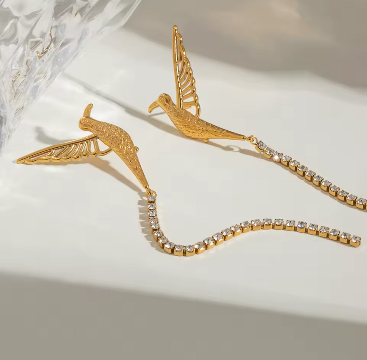 Hummingbird Rhinestone Gold Earrings